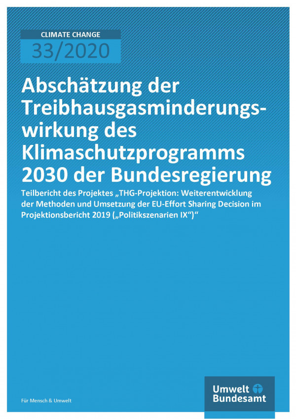 blaue Titelseite des Climate Change-Bands 33/2020 "Abschätzung der Treibhausgasminderungswirkung des Klimaschutzprogramms 2030 der Bundesregierung" des Umweltbundesamtes