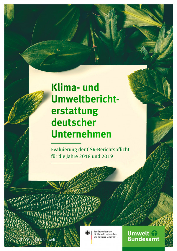 Titelseite der Fachbroschüre "Klima- und Umweltberichterstattung deutscher Unternehmen: Evaluierung der CSR-Berichtspflicht für die Jahre 2018 und 2019"