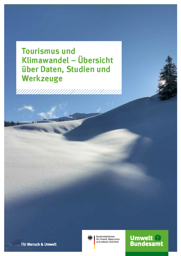 Titelseite der Fachbroschüre "Tourismus und Klimawandel – Übersicht über Daten, Studien und Werkzeuge"