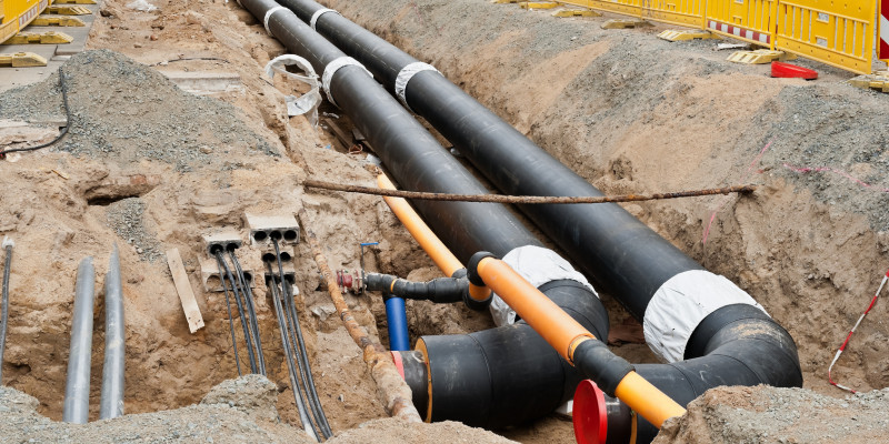 Foto einer Baustelle mit freigelegten Fernwärmeleitungen im Erdreich