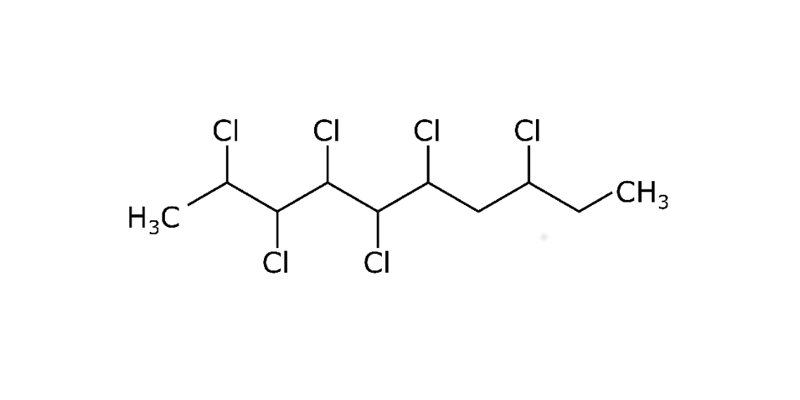 Strukturformel von 2,3,4,5,6,8-Hexachlordecan als Beispiel eines SCCP