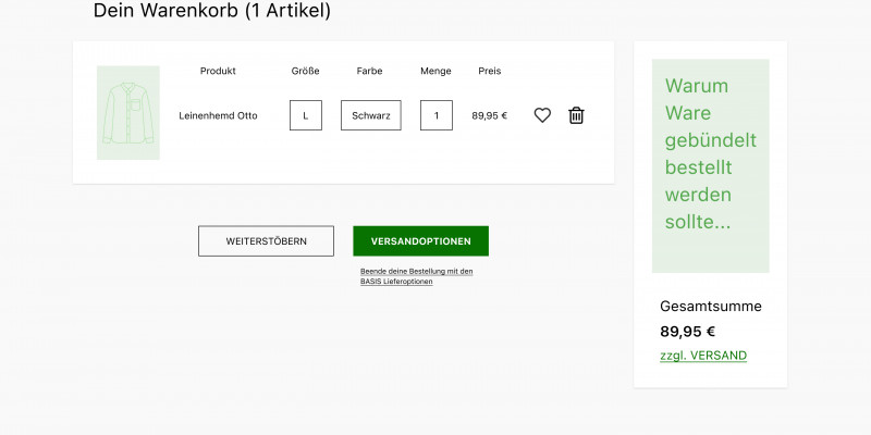 Die Grafik zeigt die Gestaltungsmöglichkeit für einen Warenkorb