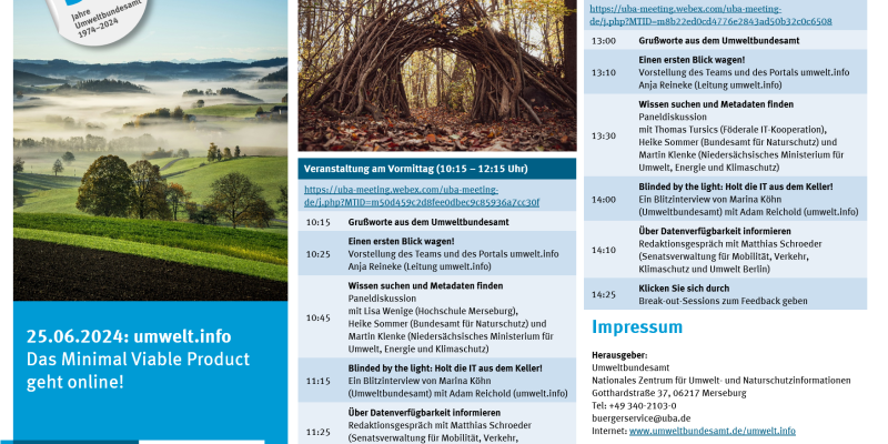  Das Nationale Zentrum für Umwelt- und Naturschutzinformationen lädt Sie ein zur Online-Veranstaltung zum Launch des Minimal Viable Products vom Portal umwelt.info! Wir freuen uns auf Ihre Teilnahme am 25.06.2024 um 10.15 Uhr oder 13.00Uhr.