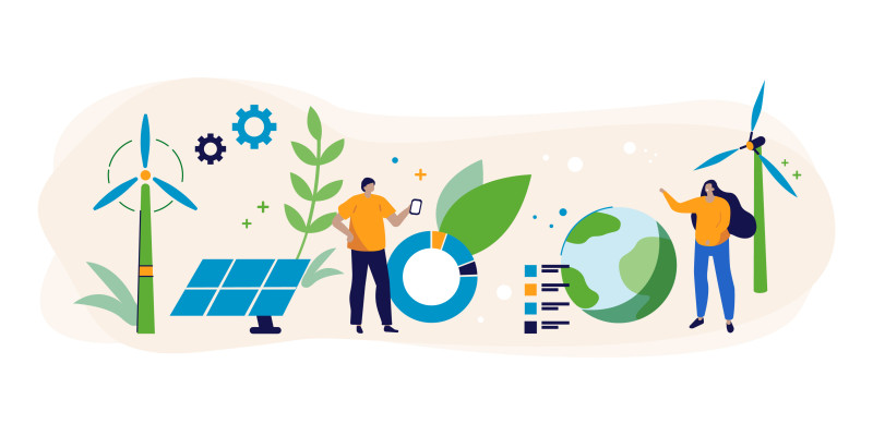 Auf hellem Hintergrund sind zwei Windraeder, eine Solaranlage, zwei Personen, die Weltkugel, Pflanzenblaetter und Diagramme zur Illustration der Themenfelder des KI-Labs abgebildet.