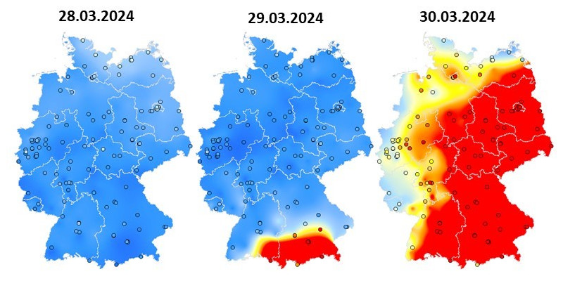 Die PM10-Karten zeigen Tageswerte für Deutschland. Am 29.3. sind zunächst im Süden, am 30. und 31.3. dann fast überall in Deutschland erhöhte PM10-Konzentrationen zu sehen. Am 1. April ist dann nur noch der Osten Deutschlands betroffen, bevor die Werte am 2. April wieder auf das Ausgangsniveau zurück gehen.