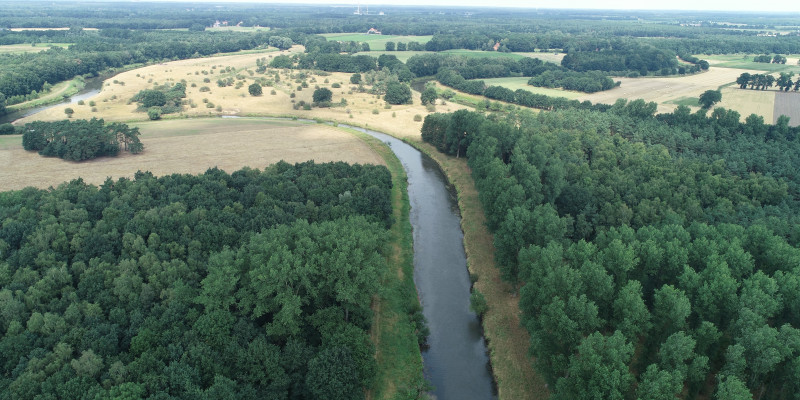 Luftbild des Hasetals mit Wald- und Grünlandflächen.