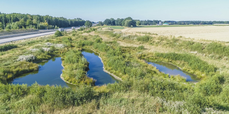Luftbild eines Abschnitts des Schierenbaches zwischen der Autobahn A1 und landwirtschaftlichen Flächen. Mehrere Stillgewässer liegen im Umfeld des Baches. Die Umgebung ist mit hohen Gräsern und Büschen bewachsen.