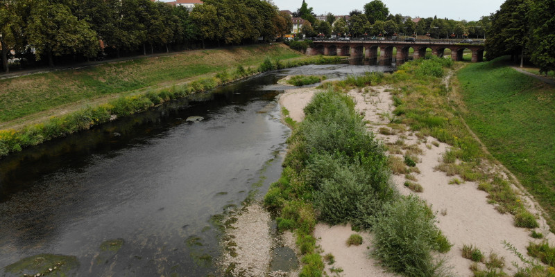 Foto: Die Murg in Rastatt nahe der Franzbrücke sechs Jahre nach Abschluss der Bauarbeiten. Das Gewässer hat sich natürlicherweise an einer Stelle deutlich verengt. Der einseitig kiesige Uferbereich ist bereits spärlich mit kleineren und größeren Büschen bewachsen.