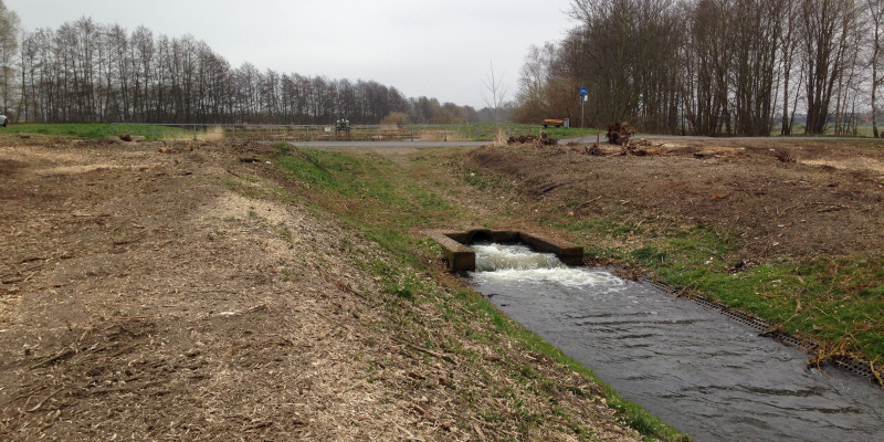 Foto: Der Zustand des Wehres bei Lüssow vor Maßnahmenbeginn. Die Ufer sind nahezu vegetationslos.