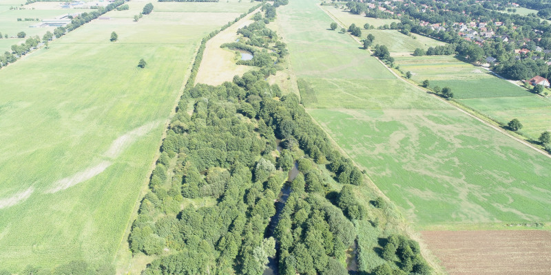 Luftbildaufnahme des sehr breiten Entwicklungskorridors mit Bäumen und Sträuchern, der den Fluss Wümme von landwirtschaftlichen Flächen und Grünland abgrenzt.