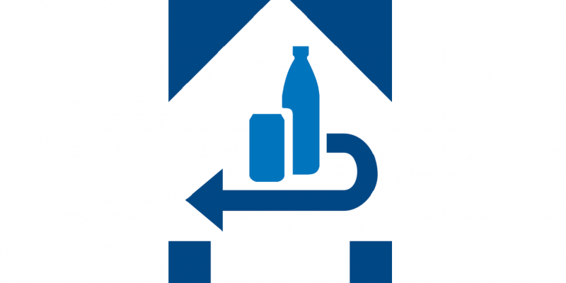 Produktkennzeichnung für bepfandete Einweg-Getränkeverpackungen: Piktogramm einer Flasche und einer Dose und ein Pfeil, der die Rücknahme symbolisiert