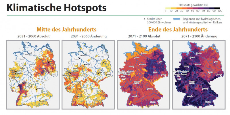 Deutschlandkarte mit eingezeichneten Klimahotspots