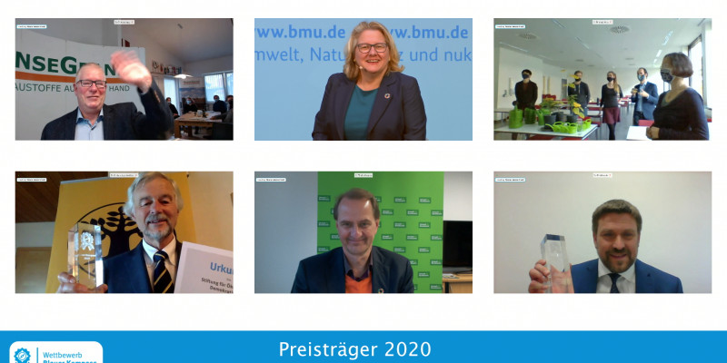 Das Bild zeigt die Gewinner des Blauen Kompass 2020, gemeinsam mit Bundesministerin Svenja Schulze und UBA Präsident Dirk Messner