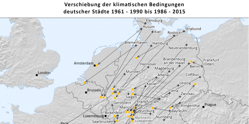 Zu sehen sind die beschriebenen Klimaanalogien der deutschen Städte in einer Europakarte für den Zeitraum 1986-2015