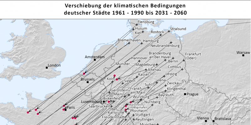 Zu sehen sind die beschriebenen Klimaanalogien der deutschen Städte in einer Europakarte für den Zeitraum 2031-2060