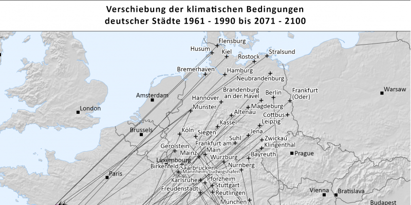 Zu sehen sind die beschriebenen Klimaanalogien der deutschen Städte in einer Europakarte für den Zeitraum 2071-2100