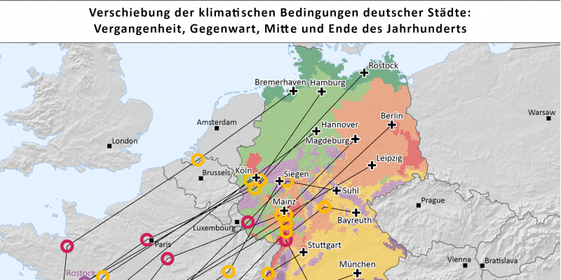 Zu sehen sind die beschriebenen Klimaanalogien der deutschen Städte in einer Europakarte