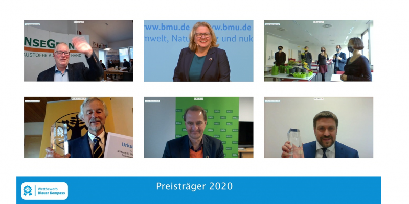 Ein Screenshot mit Bundesumweltministerin Schulze, UBA Präsident Messner und den vier Gewinnern