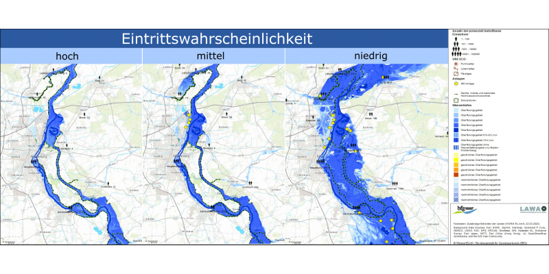 Hochwassergefahren- und risikokarten für die Elbe bei Magdeburg für Hochwasser mit hoher (einmal in 20 Jahren), mittlerer (einmal in 100 Jahren) und niedriger Eintrittswahrscheinlichkeit (einmal in 200 Jahren). Dargestellt sind Überflutungsbereiche (blau), die Anzahl potenziell betroffener Einwohner sowie potenziell betroffene Kultur- und Industrieanlagen.