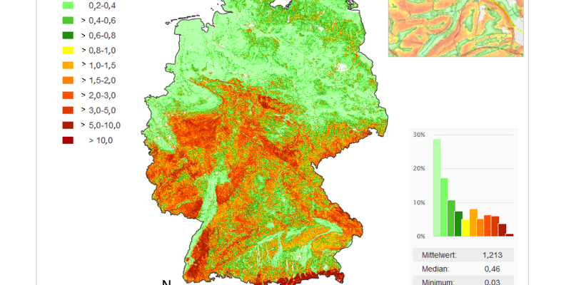 Hanglängen- und Hangneigungsfaktor (LS-Faktor) der Allgemeinen Bodenabtragsgleichung (ABAG) nach Gebel et al. 2021 mit Detailansicht (rechts oben) 