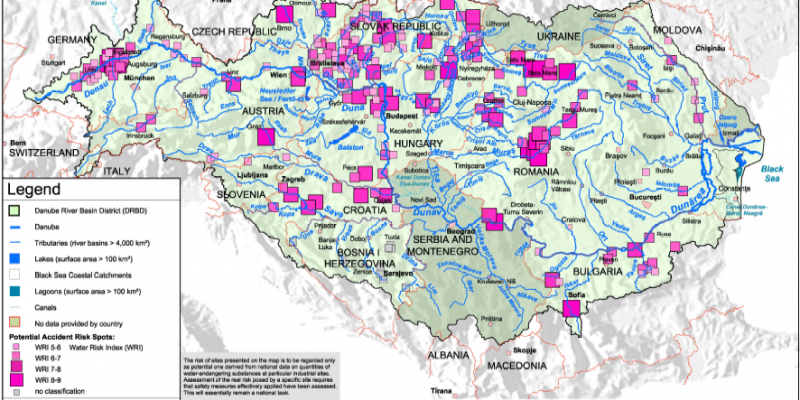 Map showing facilities on the Danube with water hazard potential