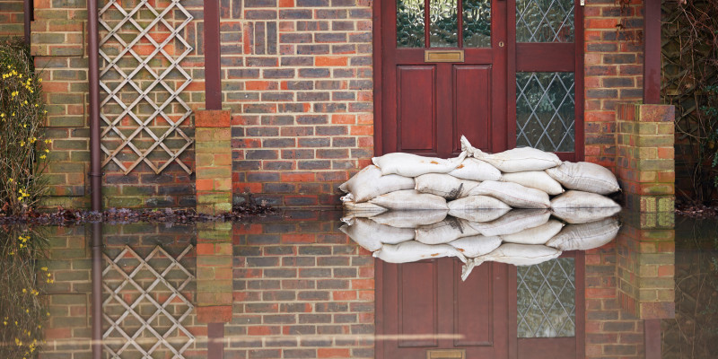 Sandsäcke wurden vor einer Haustür aufgestapelt, um das Haus vor Hochwasser zu schützen