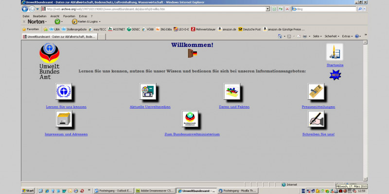 Damalige Startseite Umweltbundesamt mit Icons auf grauem Hintergrund