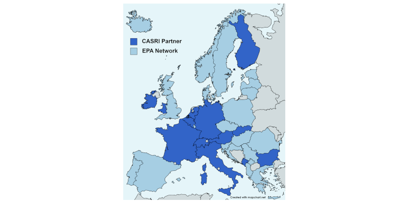 Europakarte zeigt hervorgehoben die CASRI Partnerländer und jene des EPA Network.