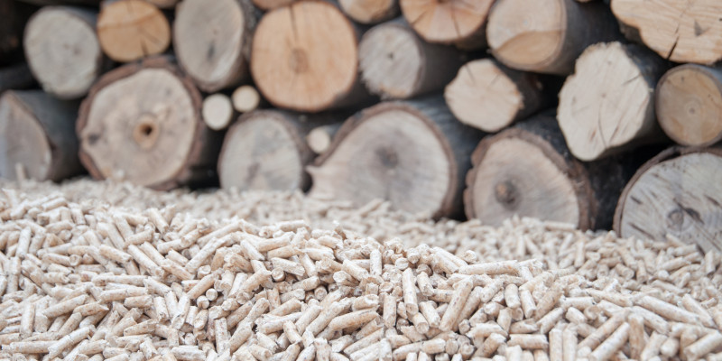 Fotomontage: aufgeschichtete Holzstämme und Holzpellets