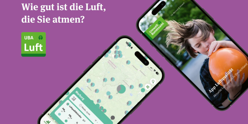 Zwei Smartphones auf lila-farbenem Hintergrund. Aufschrift: Wie gut ist die Luft, die sie atmen?