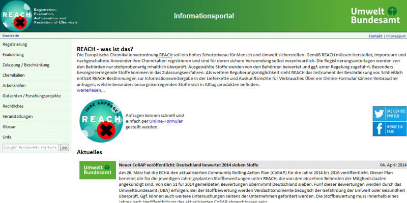 Startseite der Website REACH-info