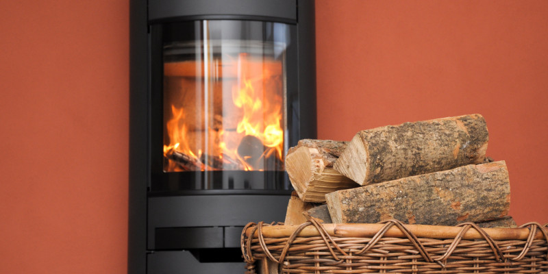 Kaminofen mit Feuer und Brennholzkorb