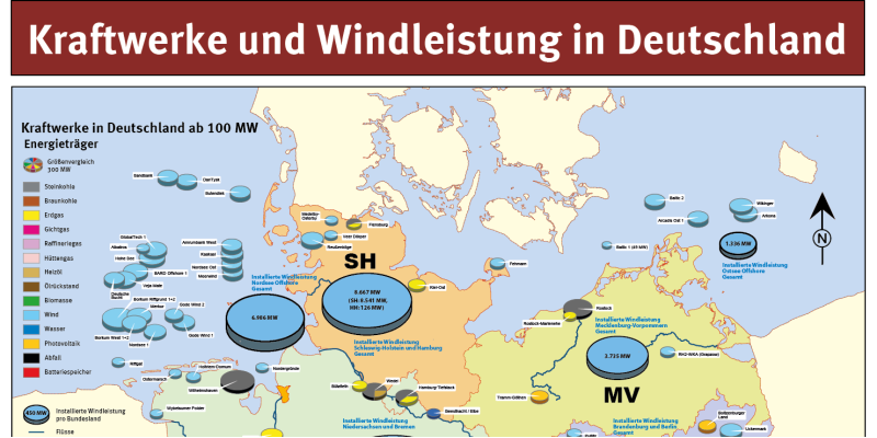 Die Karte zeigt Kraftwerke ab 100 MW sowie die installierte Windleistung in Deutschland, den einzelnen Bundesländern und auf See.