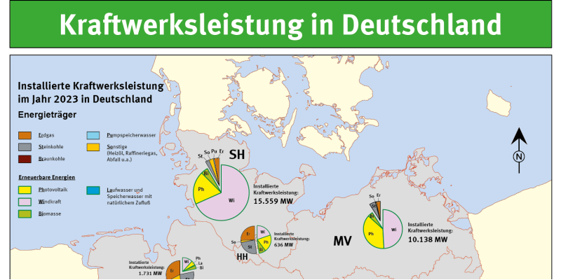 Die Karte zeigt die installierte Kraftwerksleistung der einzelnen deutschen Bundesländer und von Deutschland insgesamt.