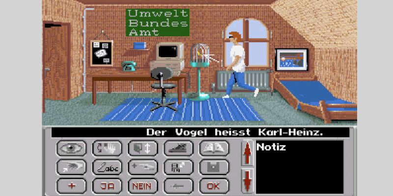 einfache Computergrafik zeigt einen jungen Mann in einem Haus und Tasten für Computerspiel-Befehle