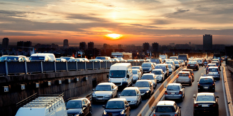 traffic jam on a motorway at dawn