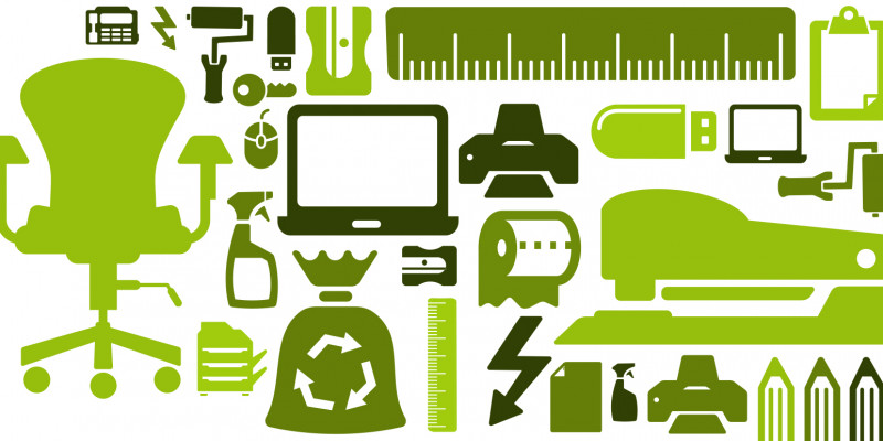 grüne Piktogramme von Gegenständen wie Monitor, Bürostuhl, Toilettenpapier