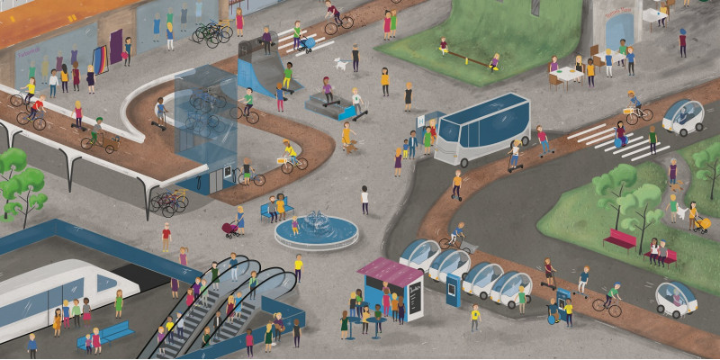 bunte Zeichnung einer Stadt: Im Straßenraum ist viel Platz für Fußgänger und Radverkehr, es gibt Busse, Bahnen und Elektrokleinwagen. Die Dächer sind begrünt und werden von den Menschen, wie die ebenfalls vorhandenen Grünanlagen und Stadtplätze, zur Erholung genutzt.