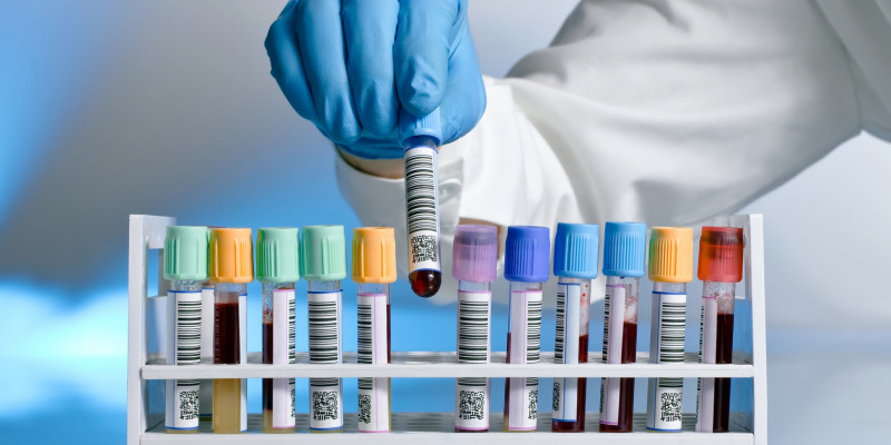 A rubber glove coated hand removes a test tube out of a  test tube rack.