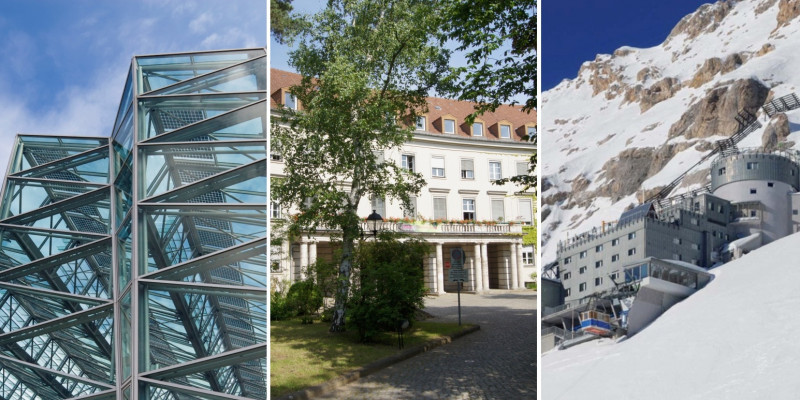 Collage aus 3 Gebäuden: Moderner Glasbau, Altbau im Grünen und Bergstation am schneebedeckten Berghang