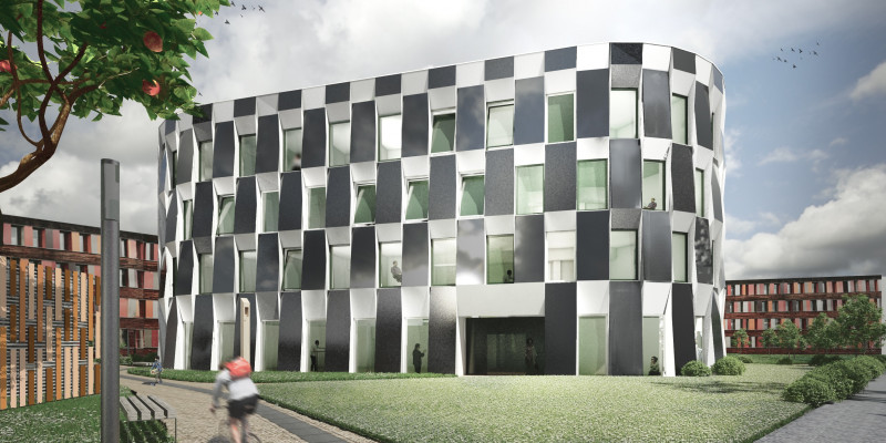 Computersimulation eines modernen vierstöckigen Gebäudes, die Fassade hat ein schachbrettartiges Muster aus weißen und schwarzen Rechtecken, im Hintergrund das jetzige UBA-Gebäude, im Vordergrund gehen Personen spazieren oder sitzen auf einer Rasenfläche