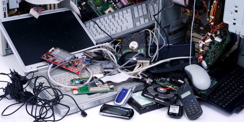 Elektronikschrott auf einem Haufen: alte Computer, Tastaturen, Handys und Kabel