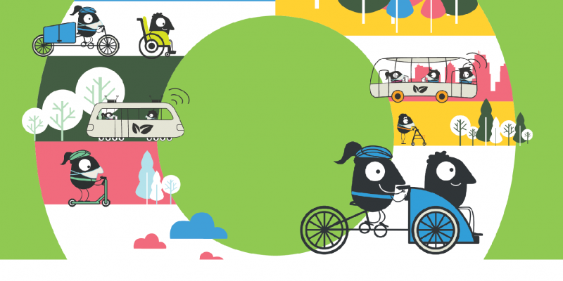 Comic-Figuren mit und ohne Maske sind per Fahrrad, Roller, Rollstuhl, Tram, Bus oder zu Fuß mit Rollator unterwegs.