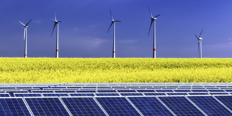 Foto einer Fotovoltaik-Anlage auf einer Wiese, dahinter ein Rapsfeld und dahinter Windkraftanlagen vor blauem Himmel