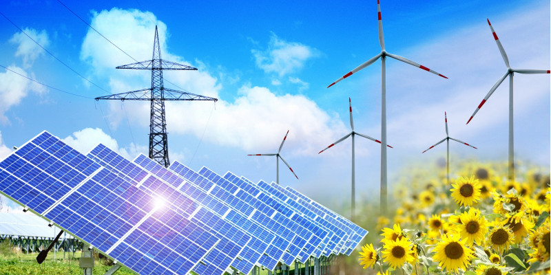 solar park, wind energy plants, sun flowers
