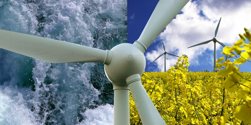 Collage: Wasserkraft, Windenergie, Rapsfeld