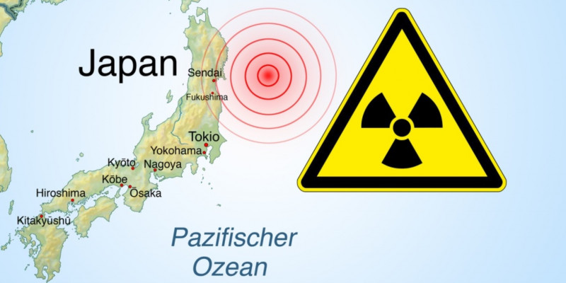 Die Landkarte zeigt Japan im Pazifischen Ozean und ein Warnsymbol für Radioaktivität