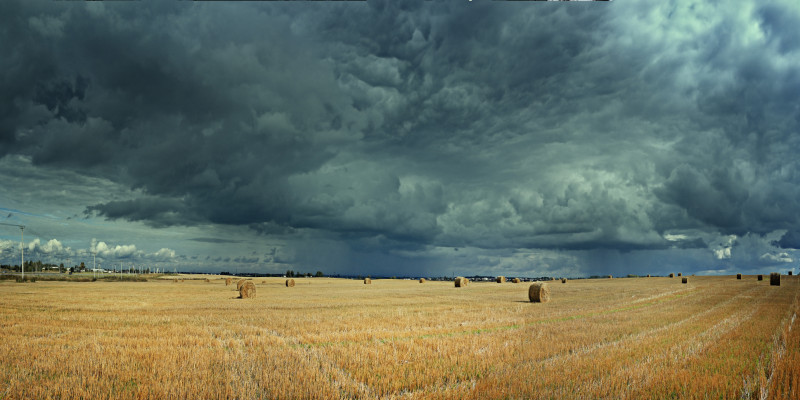 abgeerntetes Getreidefeld mit gelben Stoppeln und Strohballen. Am Himmel türmen sich bedrohlich dunkle und niedrig hängende Wolken.