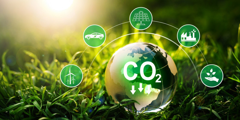 a green globe lies in green grass, inside it the word "CO2" with three arrows pointing down. Around the globe placed five icons: Wind turbines, e-car, solar plant, power plant and hand with leaves.