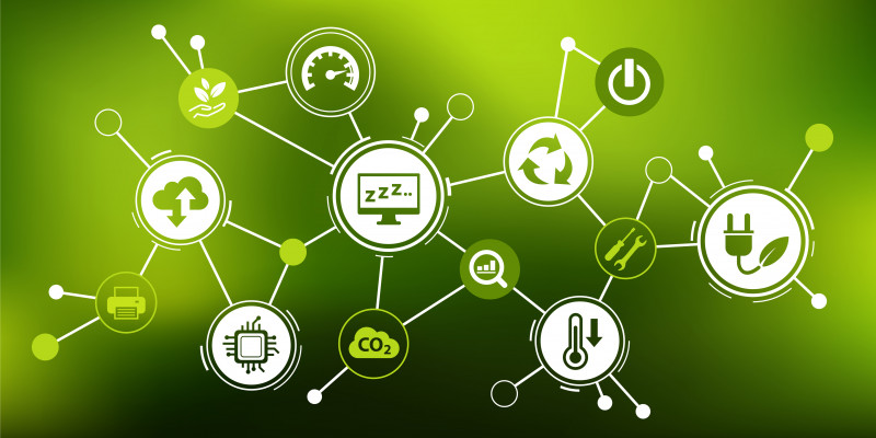 on a green background, several pictograms symbolizing Green IT, such as green electricity or recycling